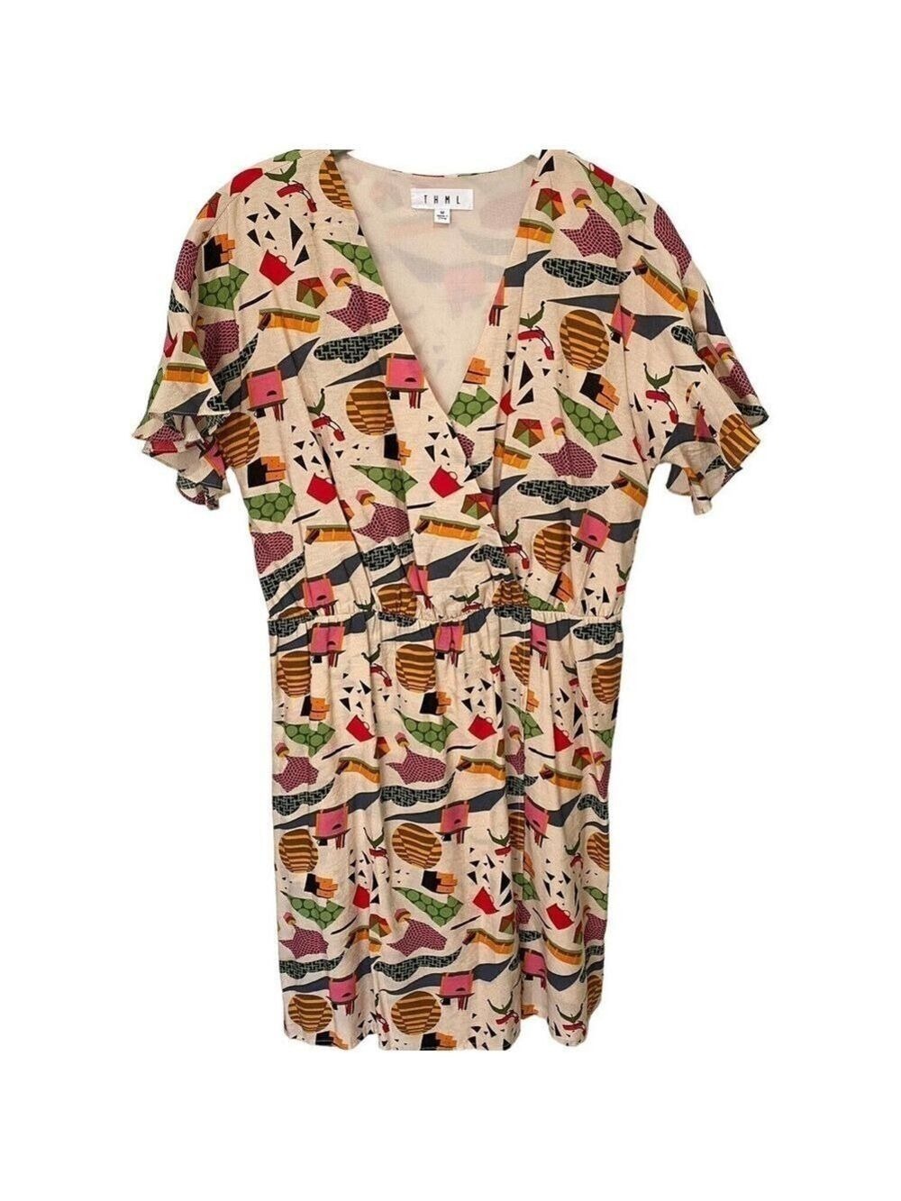 THML Anthropologie Dress Multi Graphic V Neck Flutter Sleeve Pullover Frock